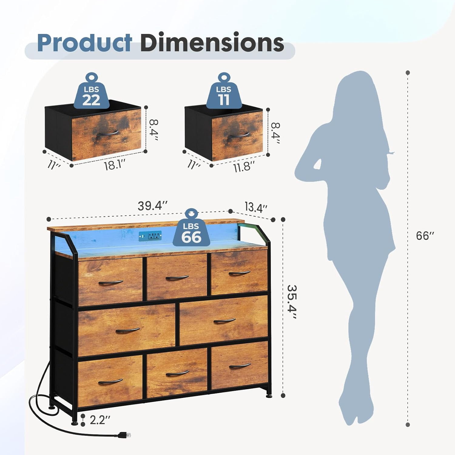 Betcozy 9 Drawer TV Stand with LED Lights & Power Outlet, 35" Tall Dresser for Bedroom & Living Room, Entertainment Center with Charging Station, 1.5mm Heavy-Duty Frame Storage Tower, Brown