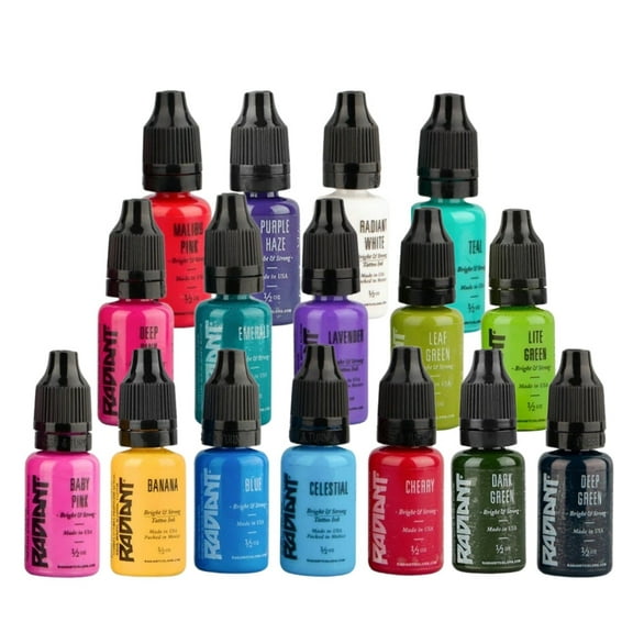 Radiant Colors 16 Colors Floral Tattoo Ink Set - Tattooing Inks Fluid Vegan Pigments 16 x 1/2oz Bottles