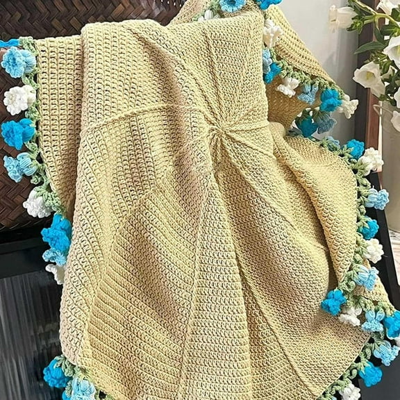 43In Flower Bouquet Crocheat Blanket, Soft Lightweight Flower Finished Knitted Throw Blankets for Mother's Day Birthday, Home Knitting Kits Arts Crafts Decor (Gradient Blue)
