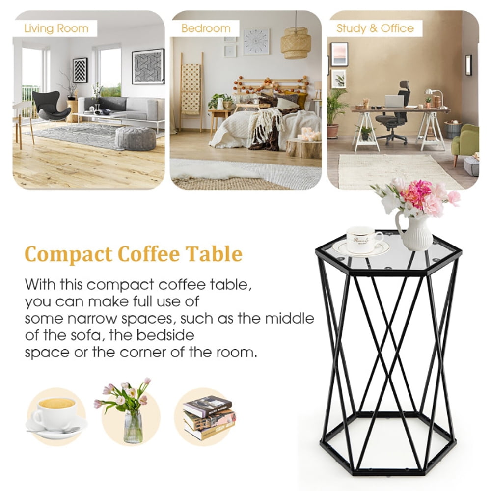 Finihen End Table, Hexagonal Accent End Table with Tempered Glass Top and Metal Frame, Bed Side Table, for Living Room, Bedroom, Black Finihen End Table, Hexagonal Accent End Table with Tempered Glass Top and Metal Frame, Bed Side Table, for Living Room, Bedroom, Black