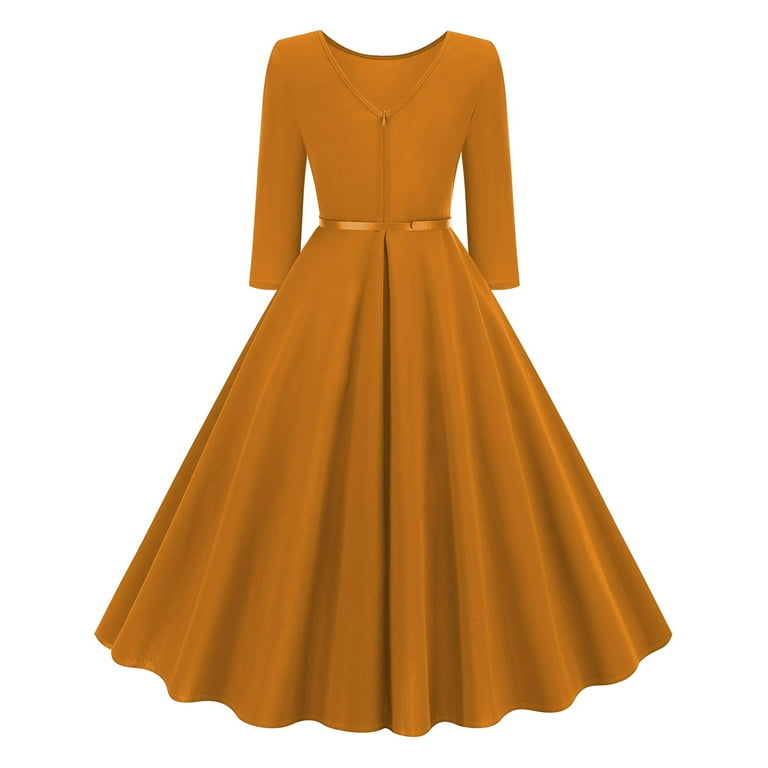 LYEAA Womens Cocktail Dresses for Wedding Guest 3/4 Sleeve Crew Neck Midi  Dress Flowy Elegant Homecoming Dress A-line Solid Color Belted Dress 1950s  Vintage Holiday Party Dress Ball Gown Yellow M -
