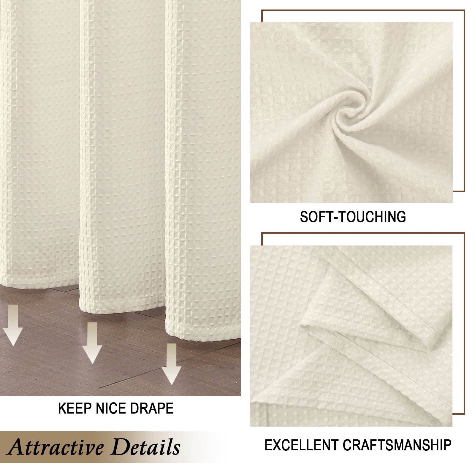 OVZME Cream Extra Long Waffle Textured Cloth Shower Curtain - 96 inch Long Hotel Luxury Heavy Duty Soft Fabric Shower Curtains for Bathroom, 72"Wx96"H, Cream