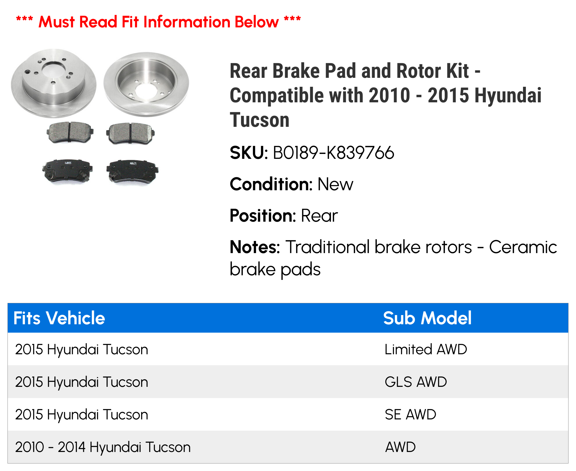 Rear Brake Discs & Pads Kit + Handbrake Shoes For Hyundai IX35 2010-2016 (Non-4WD) – E-approved