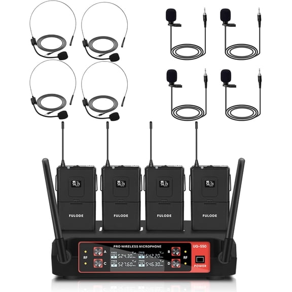 UG-550 Lapel Microphone Wireless Lavalier System, 4 Channel Professional UHF Microphone System with 4 Lavalier 4 Headset Mics for Singing Meeting Church Event TV Speaker (4 Bodypack)