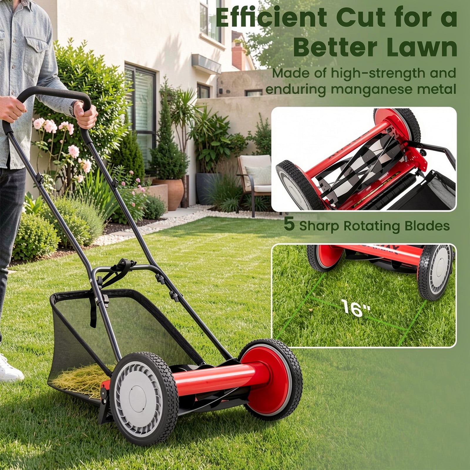 Biotree 16 Inch Push Lawn Mower with 5 Steel Blades and Grass Catcher Bag-Red Manual Reel Eco-Friendly