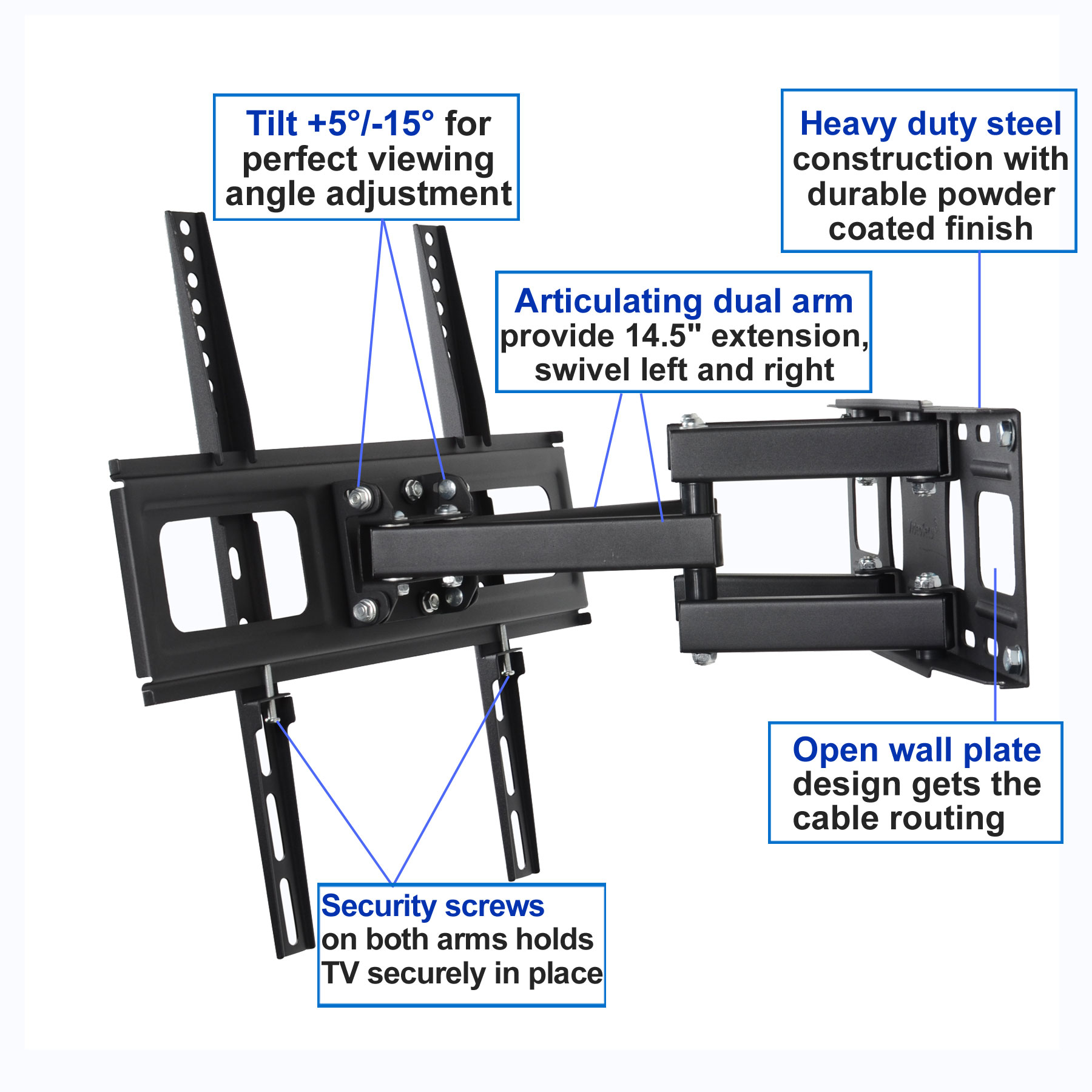 VideoSecu Articulating TV Wall Mount Tilt Swivel Dual Arms Bracket for Most 27 32 39 42 43 46 47 48 50 55 inch LED LCD Plasma HDTV Flat Panel Screen Display, with Full Motion Extend VESA 400x400mm bxk - image 2 of 6