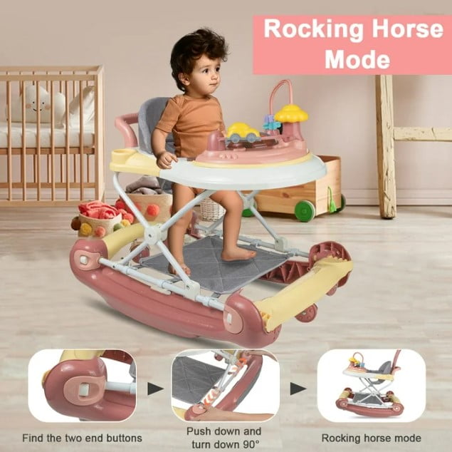 Developmental Walkers For Babies, Foldable Baby Walker, Adjustable Height With Interactive Toys, Pink