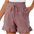 thumbnail image 2 of RYRJJ Womens Ruffle Flowy Shorts High Waisted Wide Leg Drawstring Summer Striped Beach Shorts with Pockets(Wine,L), 2 of 9