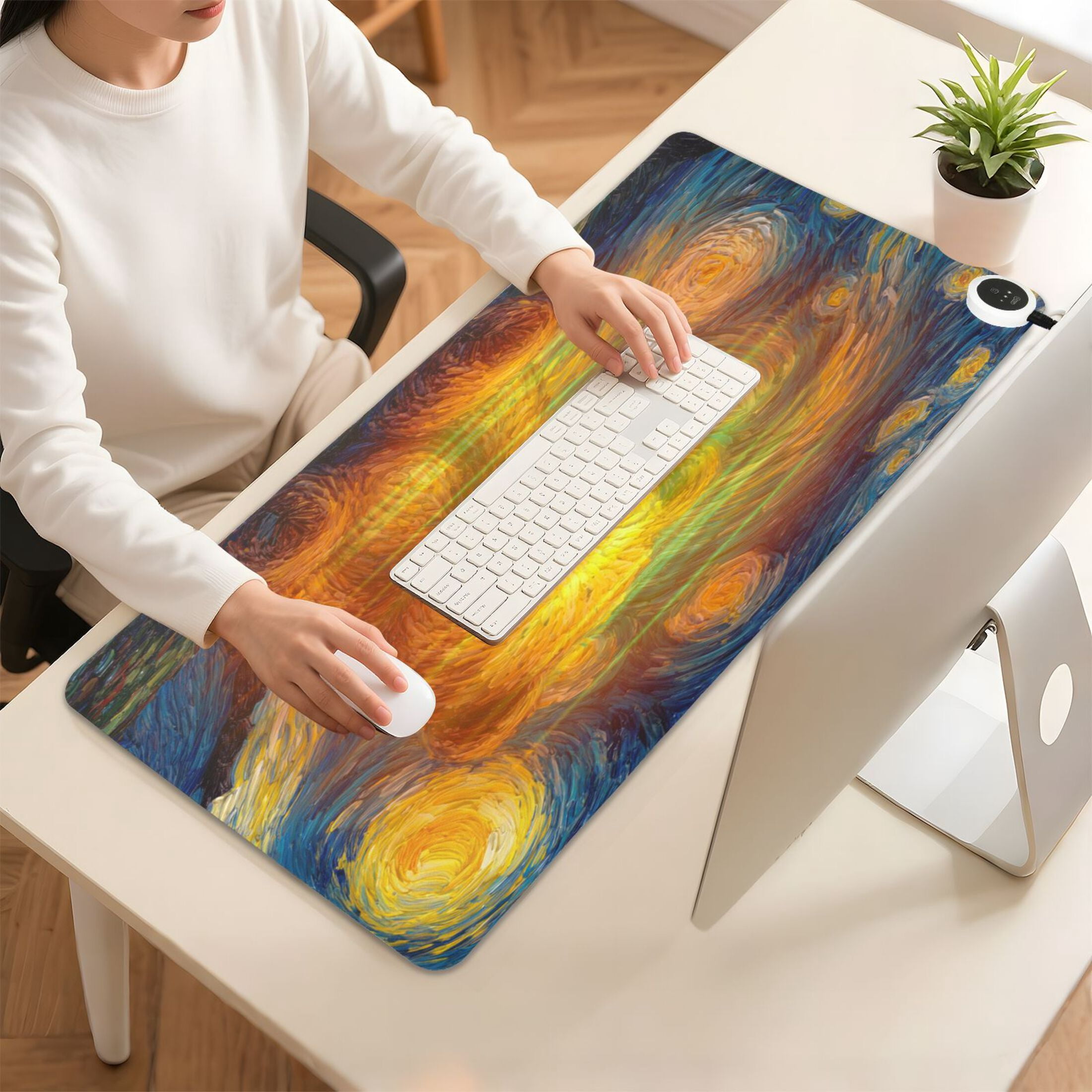 Large Heated Desk Mat Mouse Pad 31.5"x13"PU Leather Graphene Heating Desk Warmer with 3 Temperature Settings 110V US Plug Non-Slip Warm Pad for Home, Office, and Gaming Cute Bear under The Stars