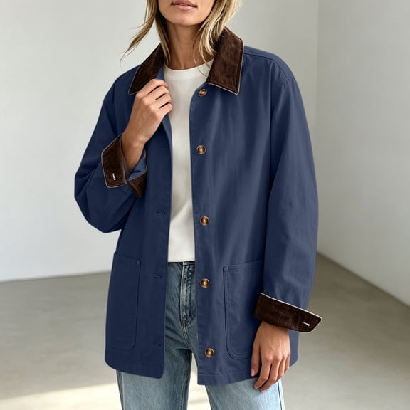 JOANKDMI Fall Jacket Women with Corduroy Collar Long Sleeve Button Down Casual Barn Jacket Lightweight Winter Outerwear with Pockets