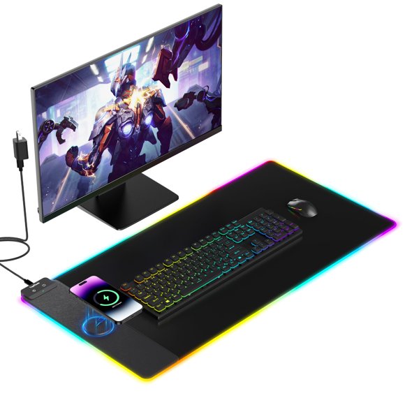 TopMade Tapis de Souris à Recharge Sans Fil, Tapis de Souris de Jeu RVB pour Bureau à Domicile Grand Tapis de Bureau avec 13 Modes d'Éclairage, Surface Ultra Lisse, Base en Caoutchouc Antidérapante (Inclut 20W PD