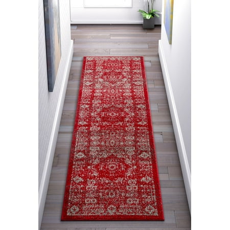 Floral Carpet Runner Well Woven Camila Medallion Red Distressed Traditional Vintage Persian Floral Oriental Area Rug 2x7 (2'3