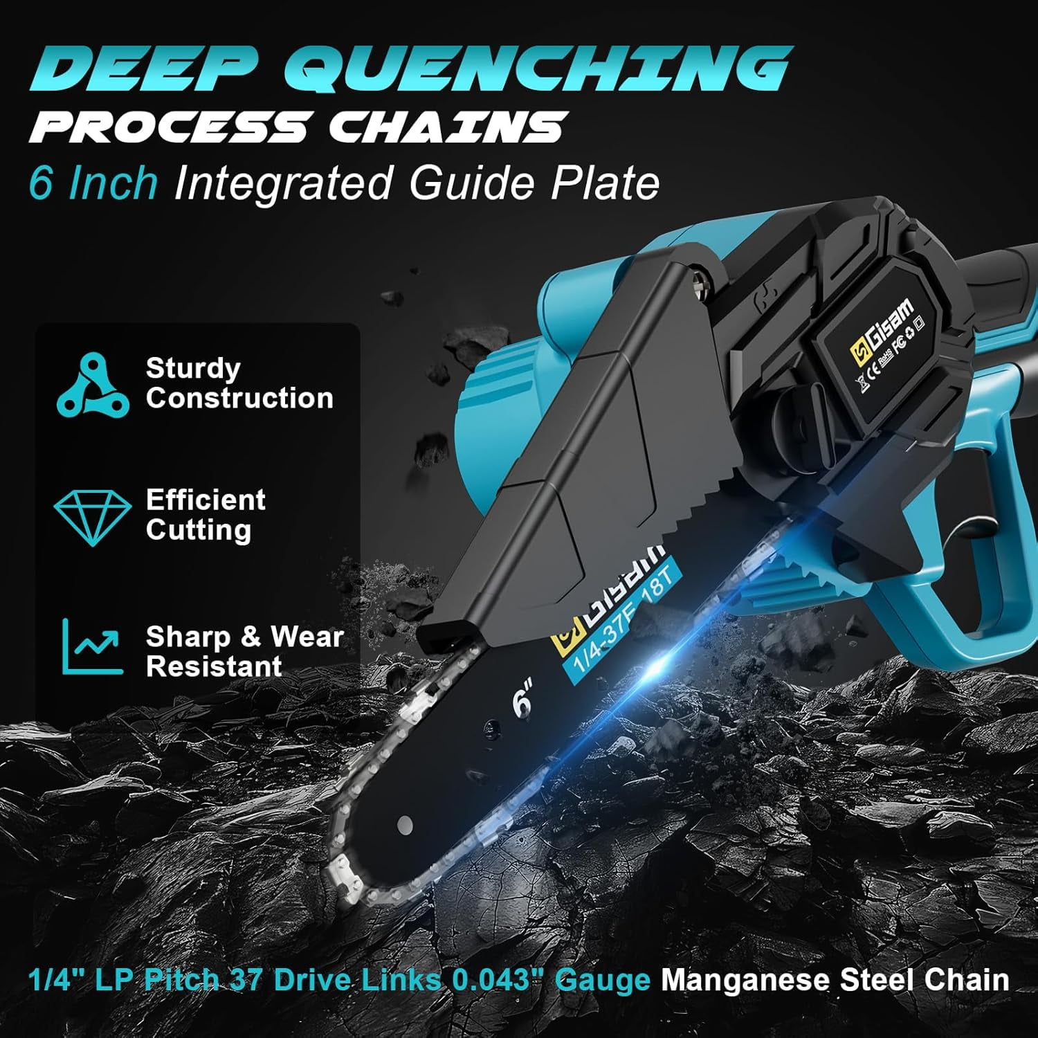 Gisam 6 Inch Mini Chainsaw with 2 Batteries 2 Chains Brushless Motor Electric Chainsaw for Tree Trimming Wood Cutting