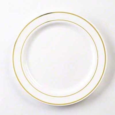 7 1/2 Inch Round Plastic Salad Plates in White with Gold Band/Set of 120