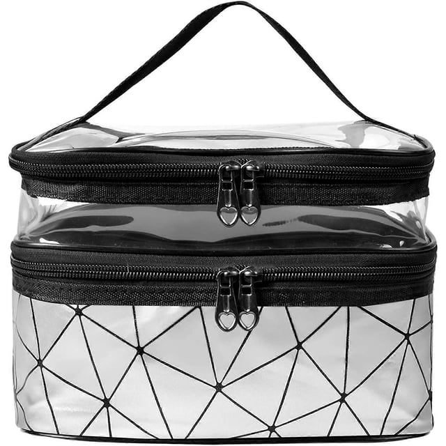 Toiletry Bag Travel Makeup Bag Waterproof PU Portable Travel Cosmetic Bag Double Layer Storage Bag Toiletry Organizer for Women Men, Silver