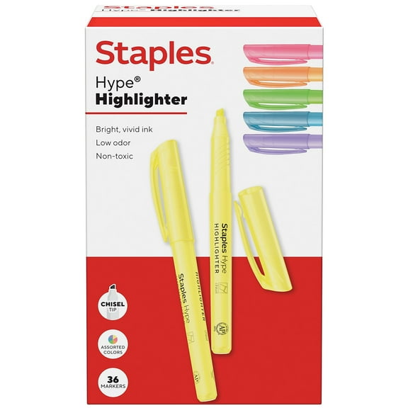 Staples Hype Stick Highlighter Chisel Tip Assorted 36/Pack (ST62945)