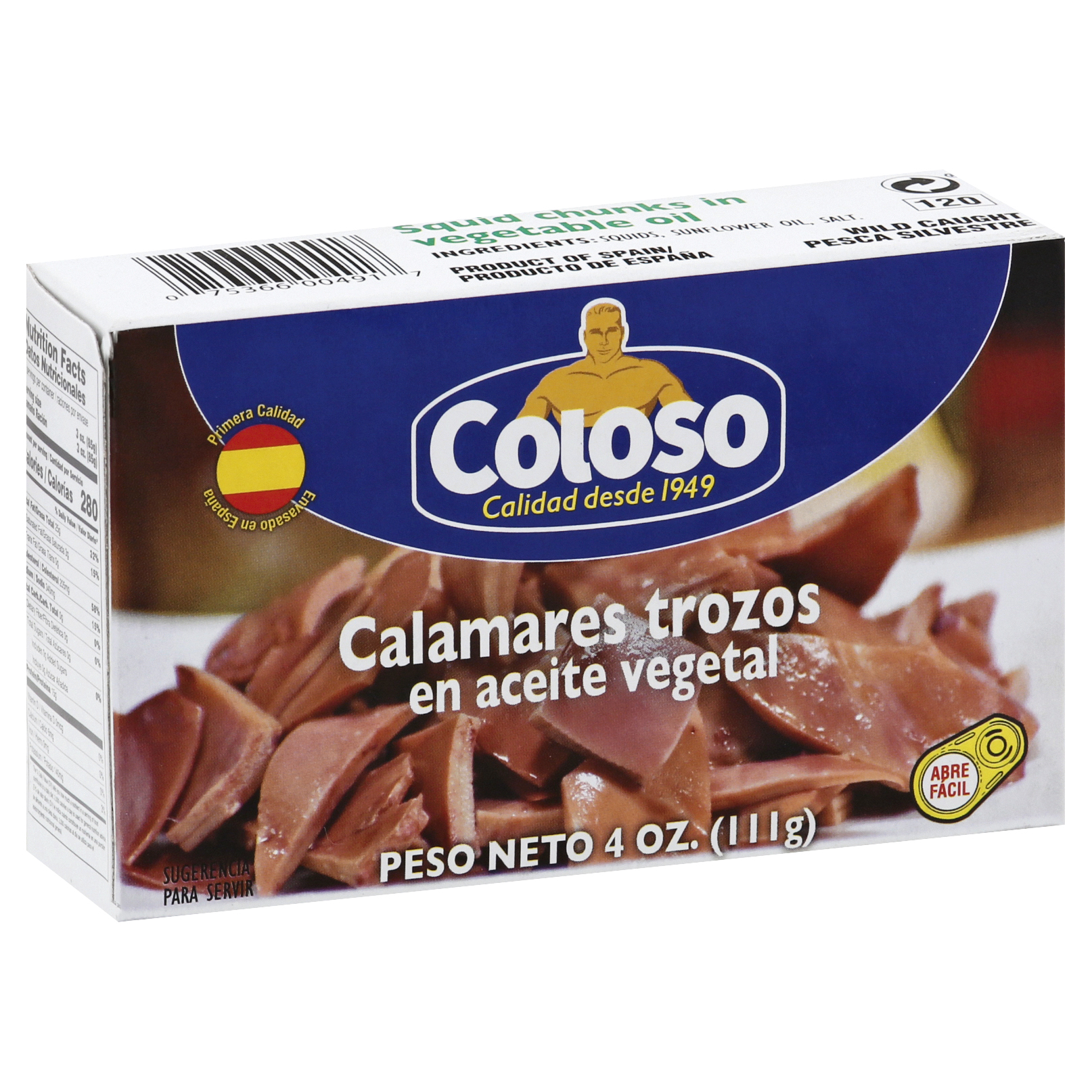 Coloso Squid Chunks in Vegetable Oil, 4 oz Can, Canned Seafood, Contains Shellfish, No Dairy