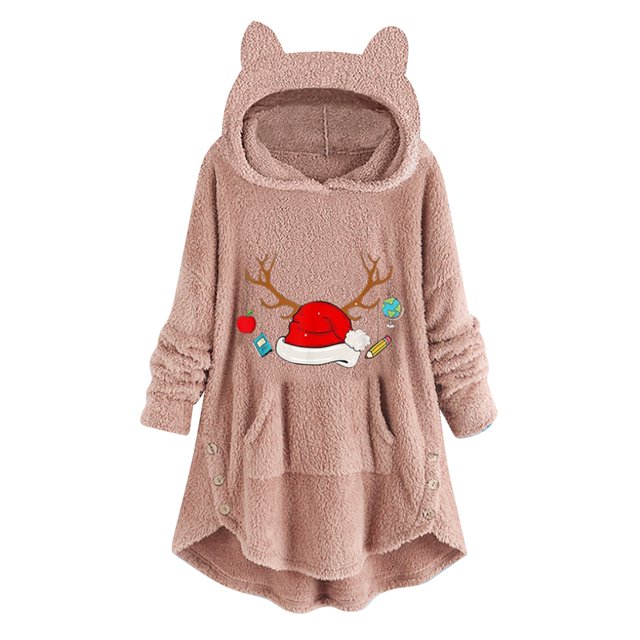 Top de abrigo de felpa con capucha y manga larga con botones de felpa y orejas de gato con estampado informal para mujer Pompotops gfhjh24386