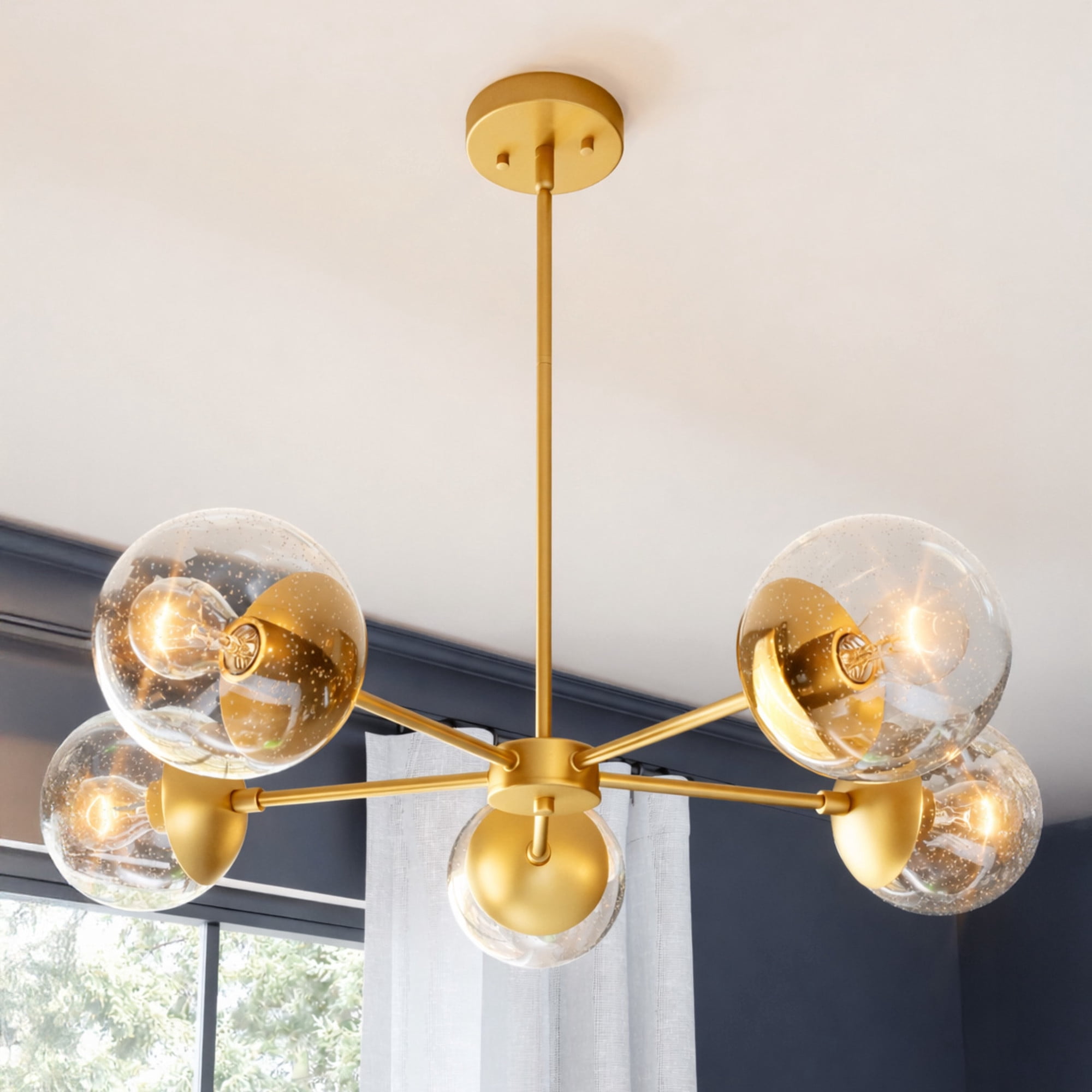 Satin Gold 5-Light Chandelier, Clear Seedy Glass Globe Shades, Dimmable, Sloped Ceiling Compatible