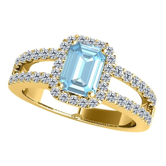 AoneJewelry 10K Solid Yellow Gold Prong Set Ring With 2 Carat Emerald Cut Aquamarine and Diamond Gemstone Ring Gemstone Emerald Cut Natural Diamond Aquamarine