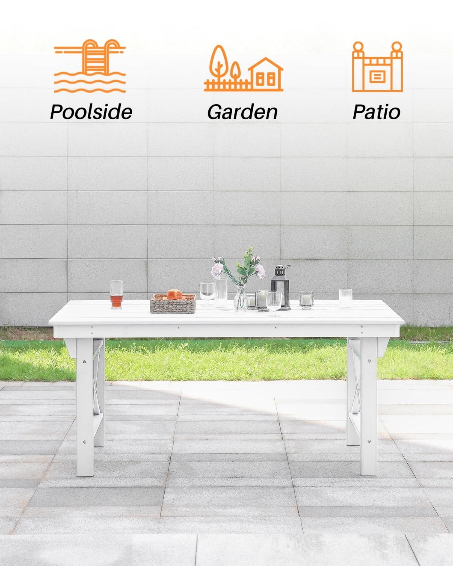 HDPE Outdoor Dining Table for 6, 66.9" Rectangular Patio Dining Table with 2.2" Umbrella Hole, All-Weather Outdoor Table for Backyard, Deck, Garden, Poolside, Pearl