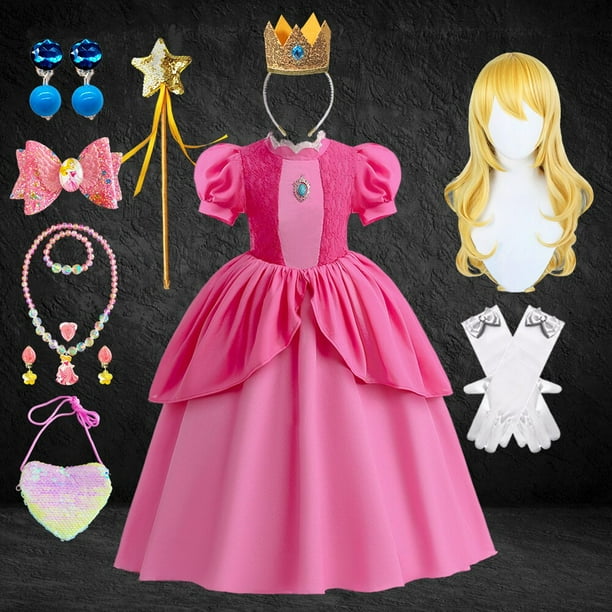 Vestido de princesa Peach para fiesta de cumpleaños de niñas, Vestido largo de encaje de manga abullonada rosa para baile de graduación, disfraz de Aurora para Halloween Fivean unisex