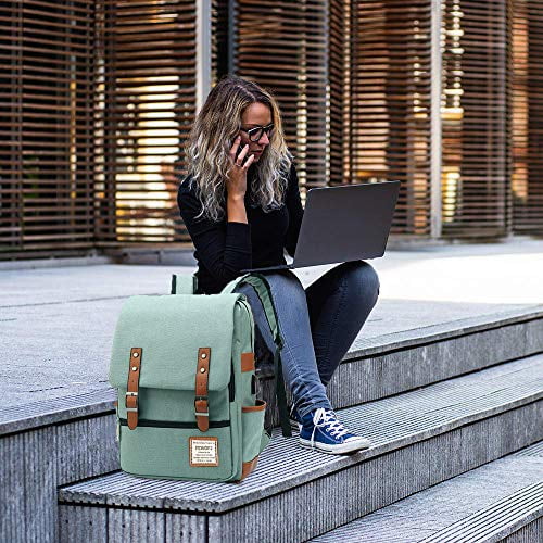 Professional Laptop Backpack with USB Charging Port Fashion Travel Bag Vintage Business Work Computer Rucksack College School Casual Daypack for Women Men Girls Green 