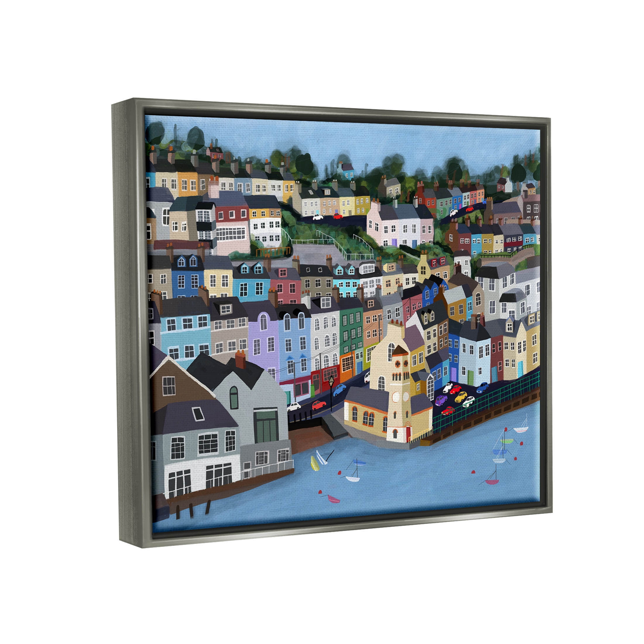 Stupell Industries Seaside City Neighborhood Streets Graphic Art Luster Gray Floating Framed Canvas Print Wall Art, Design by Carla Daly