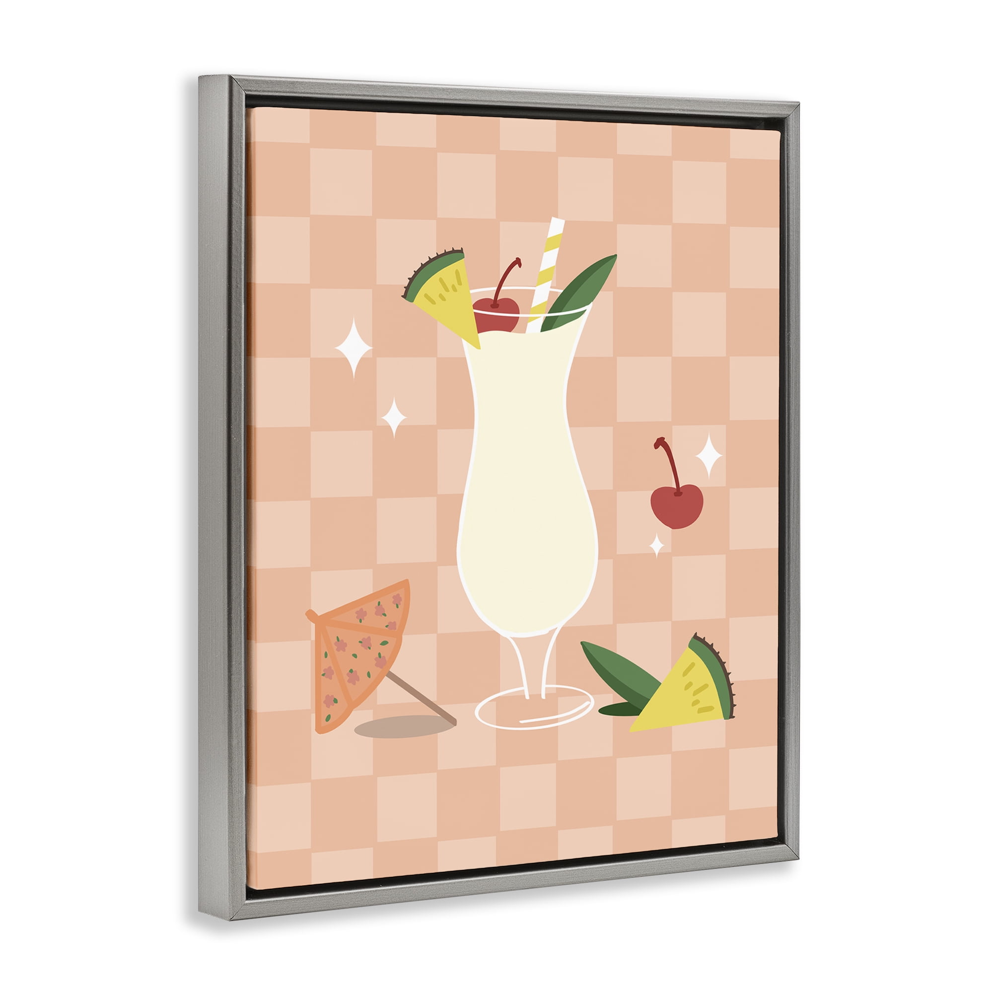 Stupell Industries Pina Colada on Checkered Food & Beverage Painting Gray Floater Framed Canvas Art Print Wall Art, 25 x 31