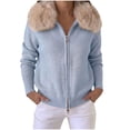 thumbnail image 2 of IUYRTFE Women Zip Up Jacket Faux Fur Collar Knitted Cardigan Short Coat for Autumn Winter Casual Wear, 2 of 7