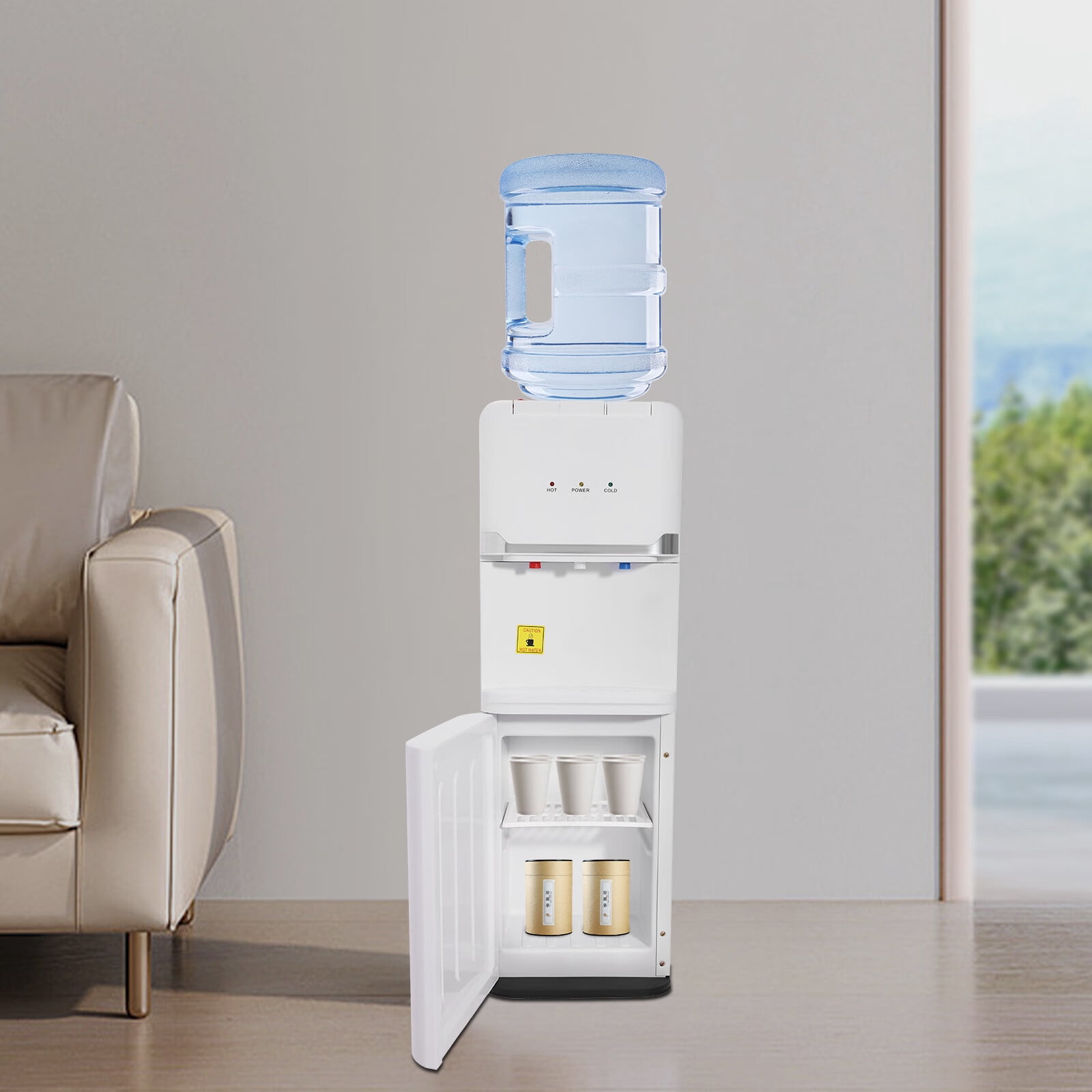 Aiqidi 550W Top Loading Water Dispenser 5 Gallon Vertical Cold and Hot Water Dispenser Home Office Dorm Anti-Scalding Design Water Dispenser with Storage Cabinet 32.68" High (White)