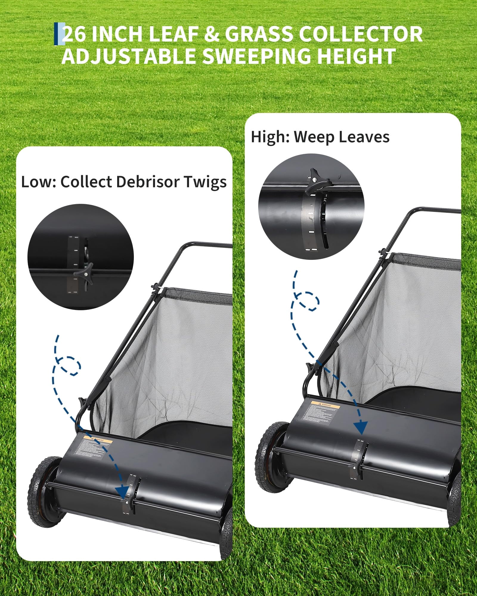 26" Heavy-Duty Push Lawn Sweeper, Leaf Sweeper for Lawn with 4 Spinning Brushes & Large Capacity Collection Bag, Adjustable Height Grass Clippings & Debris Collector, Orange and Black