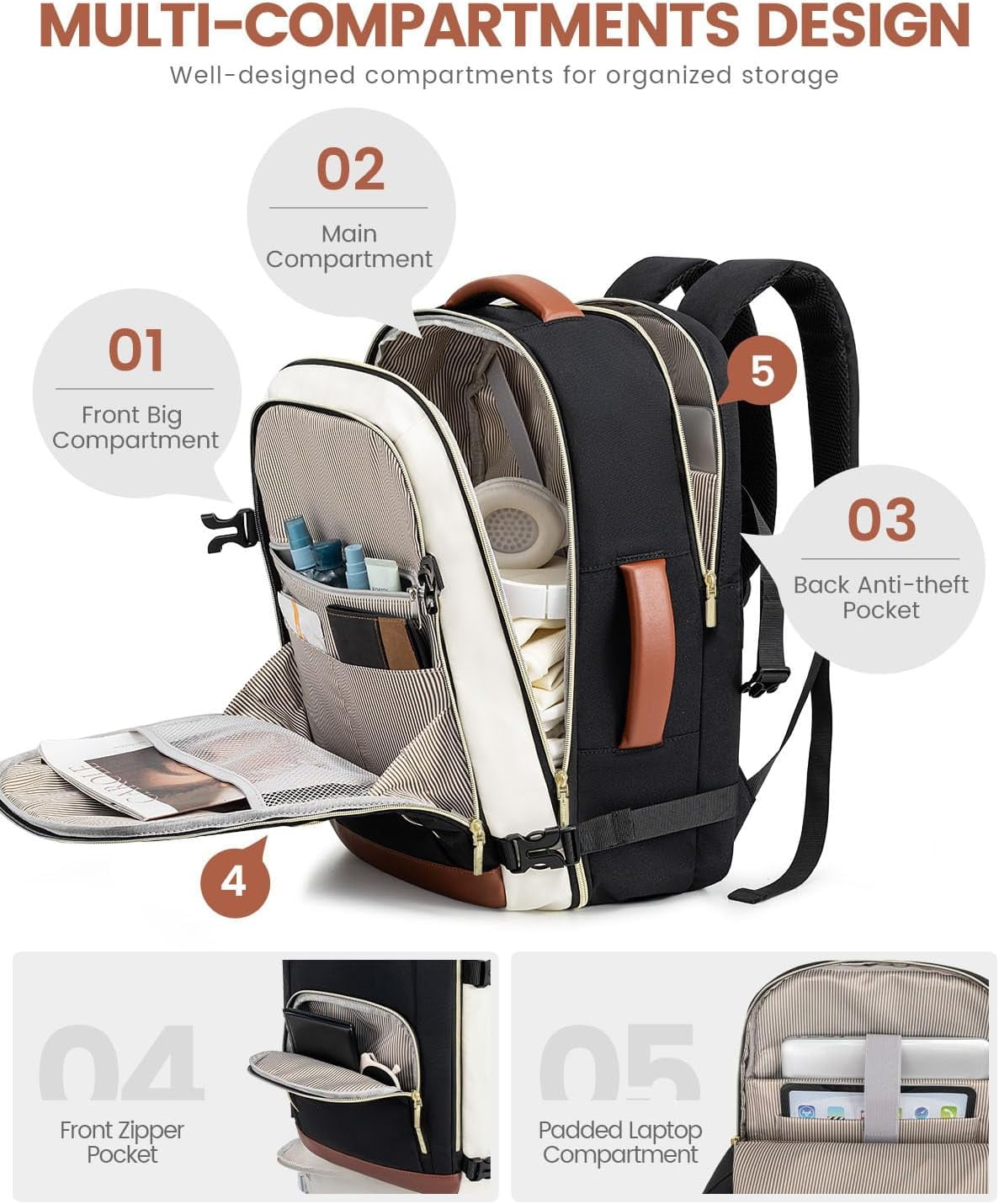 LOVEVOOK Travel Backpack For Women, 40L Carry On Backpack Flight Approved, TSA Personal Item Travel Bag Fits 17 Inch Laptop, Business Weekender Overnight Waterproof Daypack With 2 Cubes, Grey-Pink