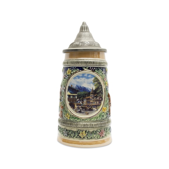 Oktoberfest Haus Multicolor Ceramic Summer in Germany Beer Stein Liter with Metal Lid 0.5 Ltr