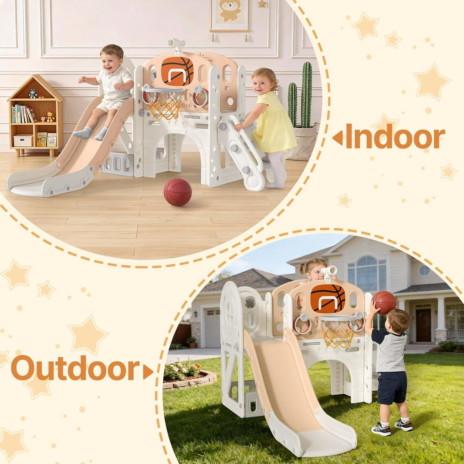 DKMOCO 9 in 1 Toddler Slide, Baby Slide for kids Age 1-3, with Basketball and Hoop, Indoor Outdoor Playset Playground Beige Coffee