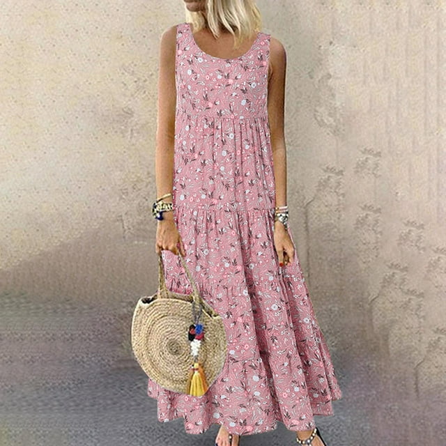 TIMIFIS Robe en Coton et Lin pour Femmes Robe Décontractée Ample Robe Longue Manches Courtes Maxi Robes Été Grande Taille Robe de Plage