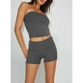 thumbnail image 3 of Cenuakty Women Summer Shorts Outfits Solid Color Strapless Tube Tops and Fold Waist Shorts 2 Pieces Clothes Set, 3 of 9