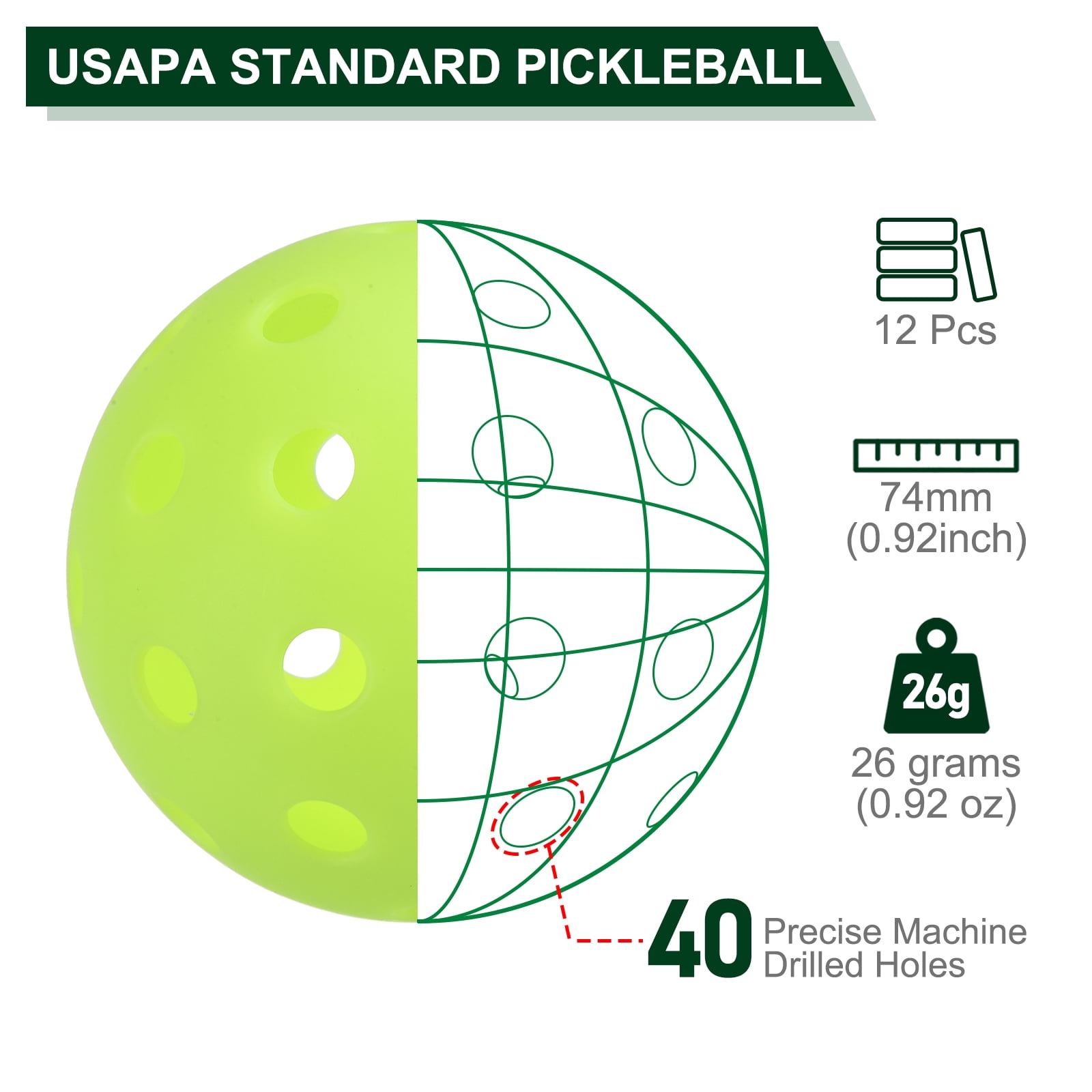 40 Holes Outdoor Pickleball Balls USA Pickleball Pickleball Ball for Amateurs, Neon Green 12 Pack