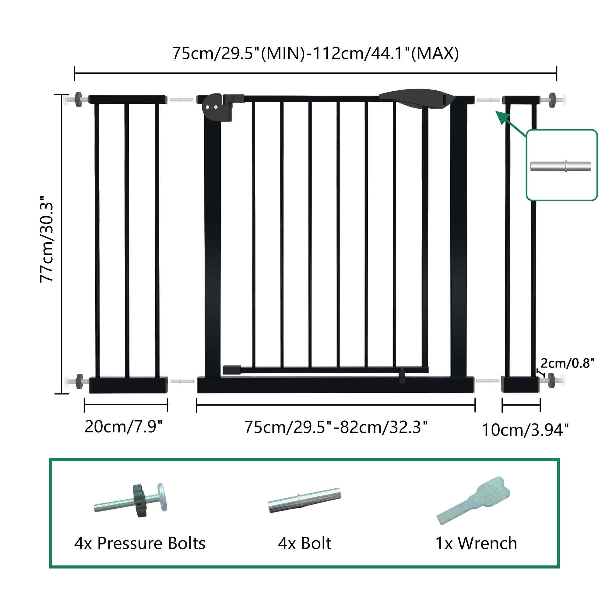 29.5"-44.1" Adjustable Baby Gate for Stairs, Pressure Mounted Pet Gate with No Drilling, Easy Walk-Through Safety Gate with Double-Lock, 31.1" Tall Steel Dog Gate for Doorways, Black
