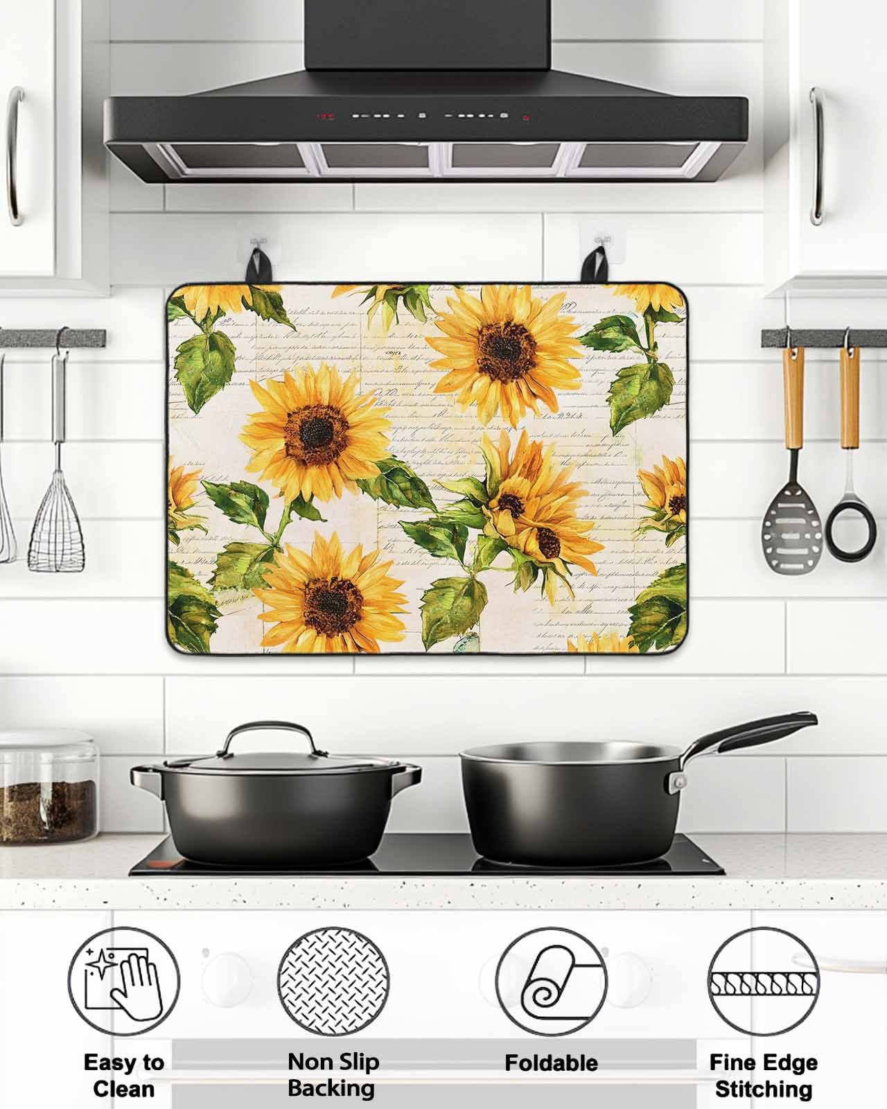 Stove Top Covers for Electric Stove, Retro Sunflower Glass Stovetop Cover Protector, Watercolor Letter Flowers Induction Cooktop Protector Oven Mat for Kitchen Countertop 24"x21"