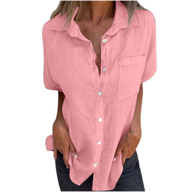 Vestidos Casuales Para Mujer, Blusas De Mujer De Moda Blusa de verano tipo túnica de lino con cuello en V, manga corta, botones sueltos y bolsillo para mujer