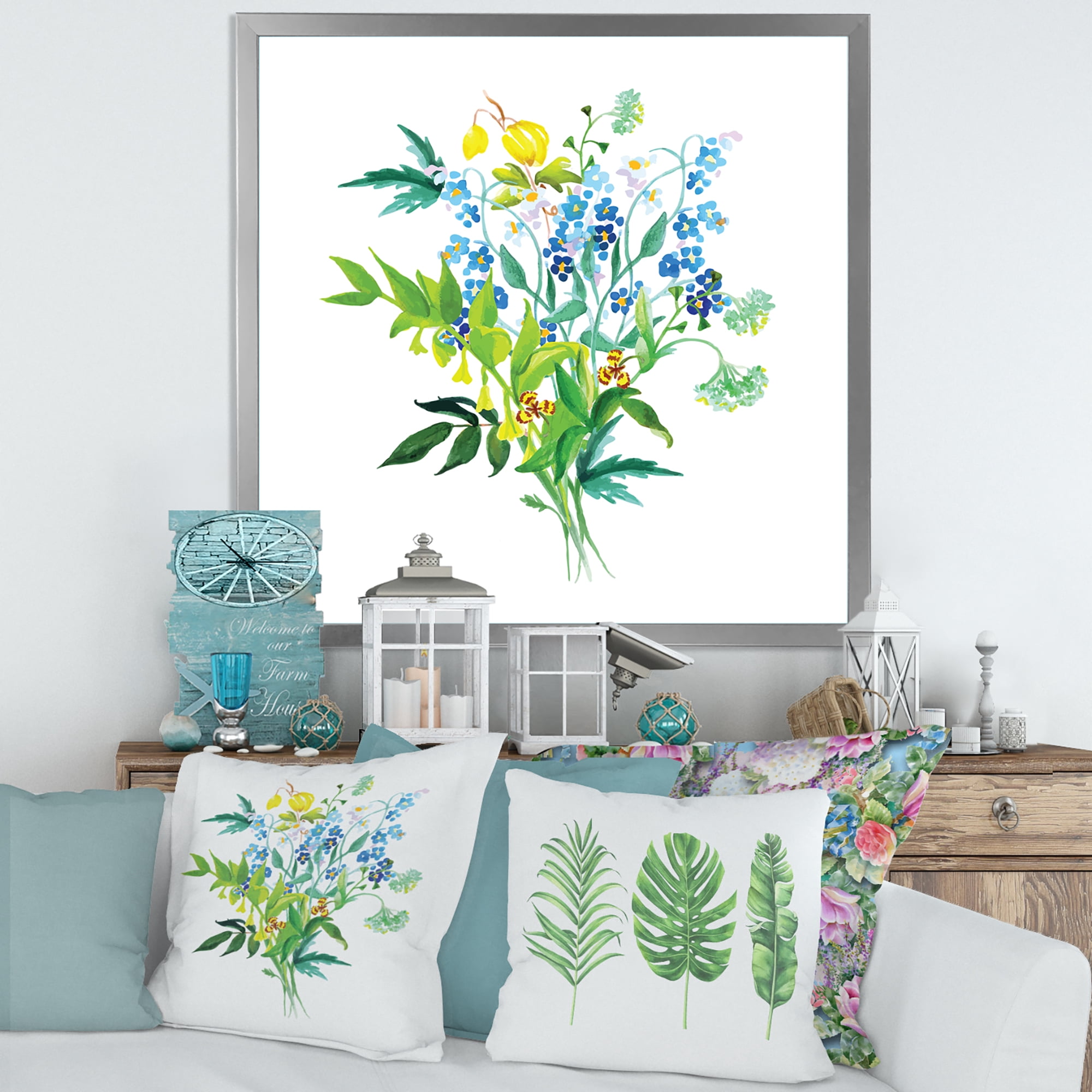 Designart 'Meadow Flowers Garland On White' Farmhouse Framed Art Print