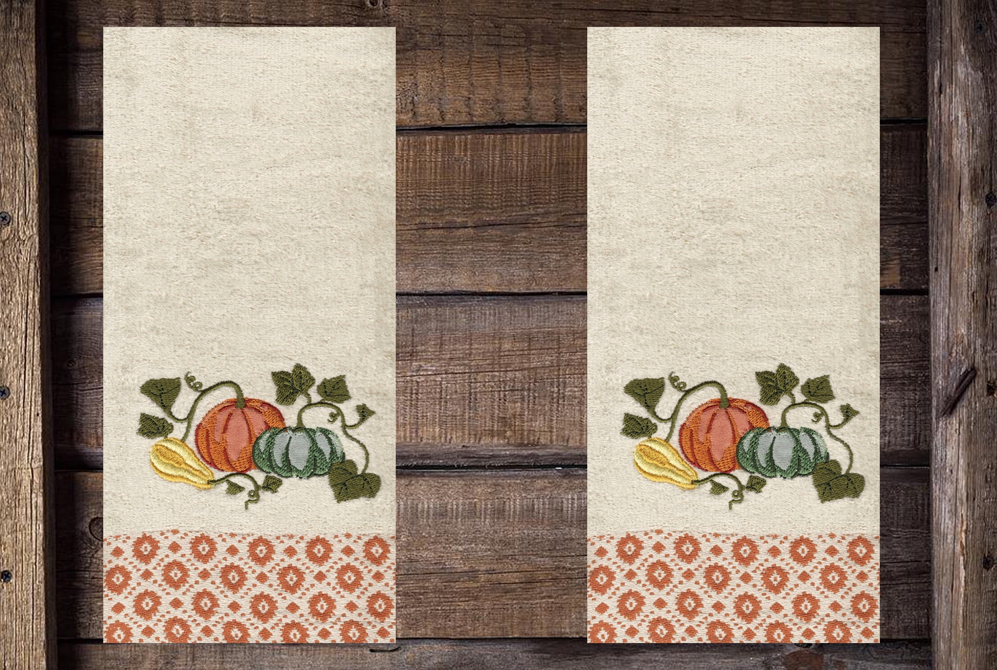 Beige Bath Hand Towels, 2 Piece, Fall Pumpkins Vines Celebrate Together