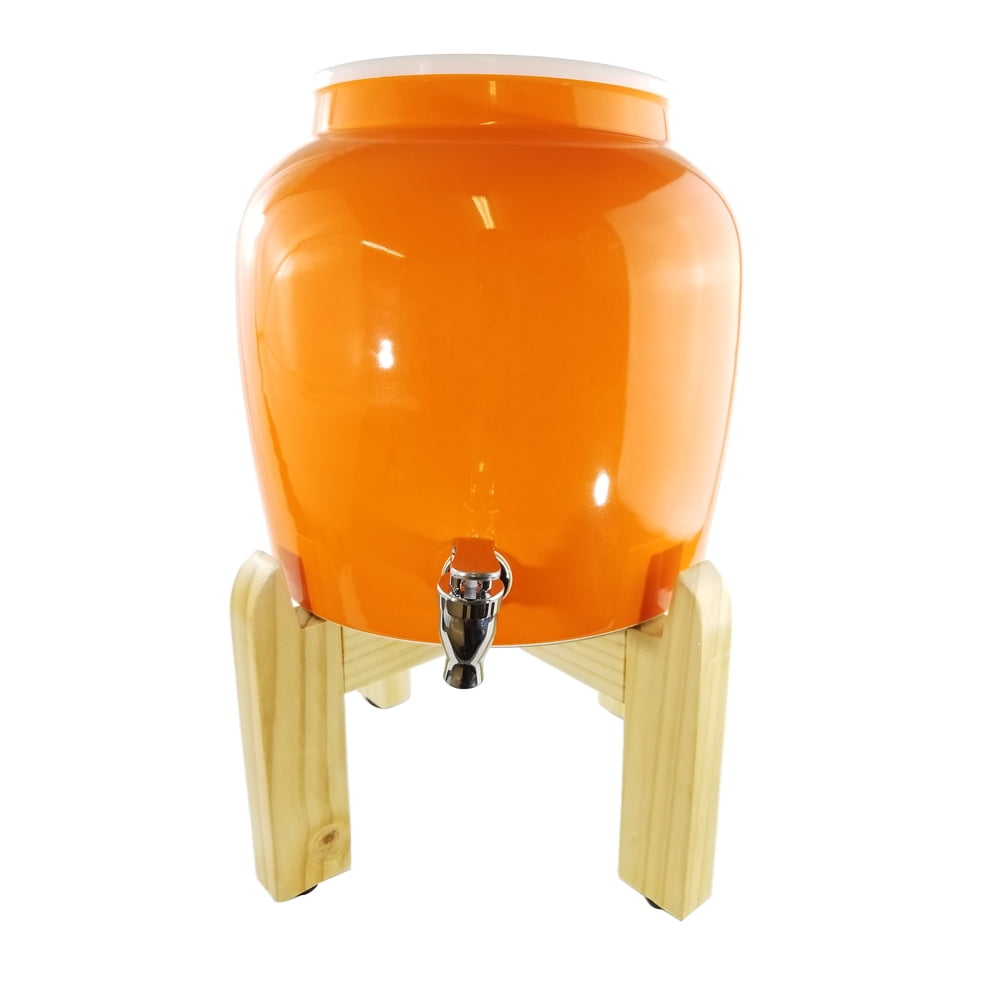 Premium Solid Orange Porcelain Water Crock Dispenser & Wood Counter