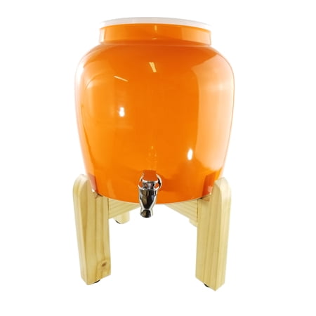 Premium Solid Orange Porcelain Water Crock Dispenser Wood