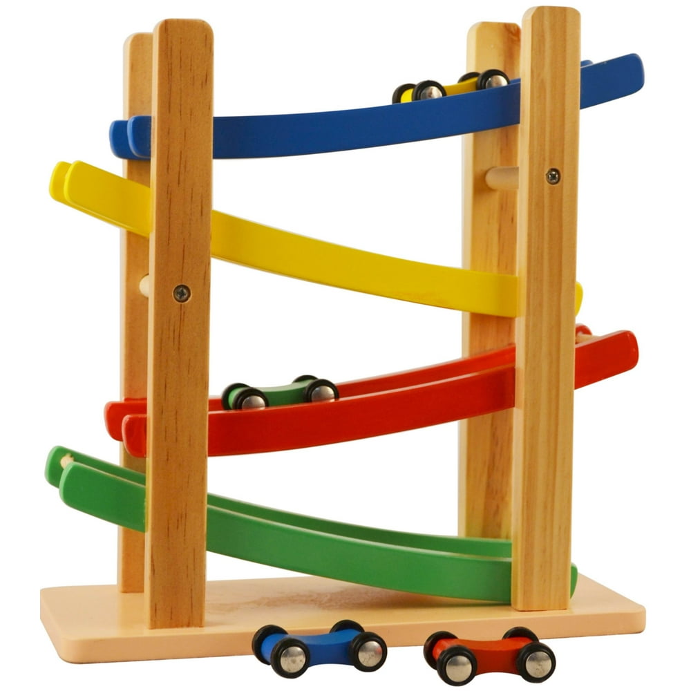 Wooden Car Ramps Race 4 Level Toy Car Ramp Race Track Includes 4