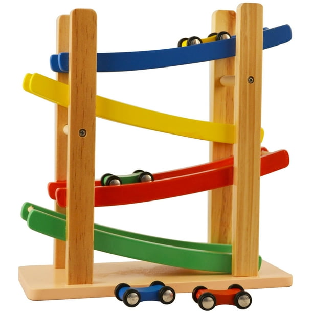 Wooden Car Ramps Race 4 Level Toy Car Ramp Race Track Includes 4 Wooden Toy Cars My First