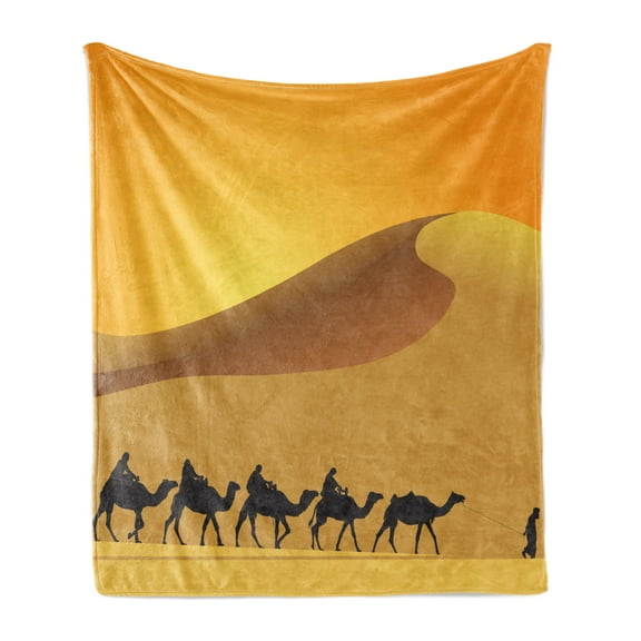Dune Soft Flannel Fleece Throw Blanket, Hot Sahara Desert Illustration with a Camel Caravan Silhouette, Cozy Plush for Indoor and Outdoor Use, 70" x 90", Marigold Dark Grey, by Ambesonne