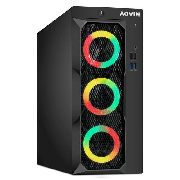 AQVIN LuminaRings Gaming Desktop Computer Tower PC, Intel Core i7 Processor , 16GB DDR4 RAM, 512GB SSD Storage, AMD RX 550 4GB, Windows 11 Pro, RGB Keyboard Mouse (Refurbished)