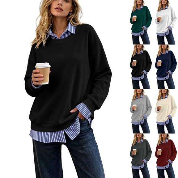 DYTTDG Women's Striped Color Block Sweatshirt | Crewneck Long Sleeve Oversized Pullover Tops with Curved Hem Casual Loose Soft Fall Winter Shirts